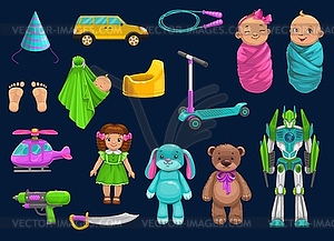 Baby toy, car, robot, doll, bear and scooter icons - stock vector clipart