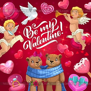 Love hearts, Cupids and bear couple. Valentine Day - vector clip art