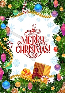 Merry Christmas greeting, pine tree decorations - vector clipart