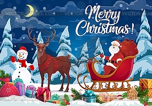 Santa and Christmas gifts on reindeer sleign - vector image