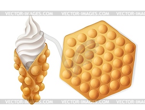 Vanilla ice cream, Hong Kong egg waffle cone - vector clip art