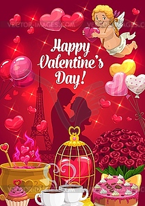 Couple with hearts and Cupid, Valentines Day - vector clipart