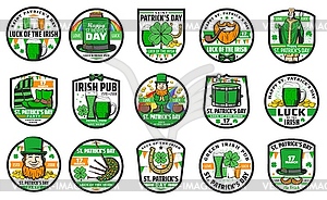 St Patrick, Irish leprechaun, shamrock, beer icons - vector clip art