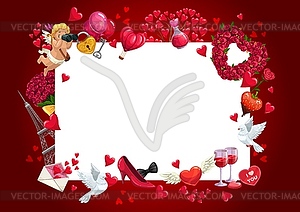 Valentines Day frame of Cupid, flowers and hearts - vector image