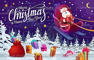 Santa with Christmas gifts flying on deer sleigh - vector clipart