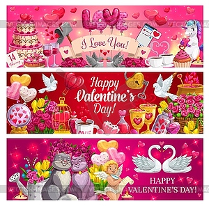 День Святого Валентина красные сердечки, цветы, подарки, купидон - векторный клипарт
