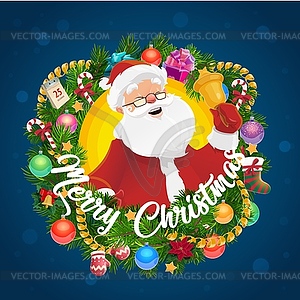 Christmas wreath with Santa Claus and Xmas bell - vector clip art