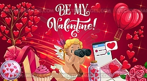 Cupid with binoculars, Valentines Day gift, hearts - vector image