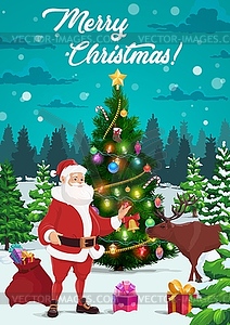 Рождественская елка с Дедом Морозом, рождественские подарки и олени - иллюстрация в векторе
