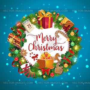 Christmas tree, gifts and presents wreath - vector clipart