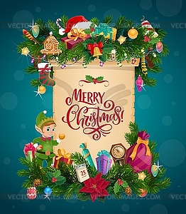 Christmas garland with Xmas gifts and scroll - stock vector clipart