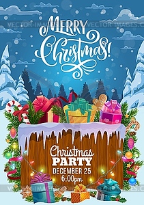 Christmas gifts on snow. Xmas party invitation - vector image