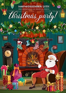 Santa Claus, Christmas fireplace and Xmas gifts - vector image