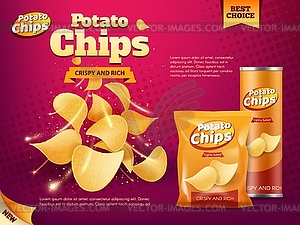 Potato chips bag and tube box. Snack food packages - vector image