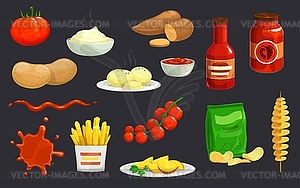 Potato chips, french fries, ketchup, tomato sauce - vector image