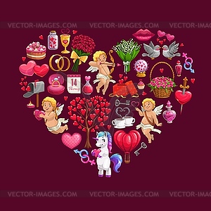 Valentines Day heart with gifts, Cupids, bouquets - vector clip art