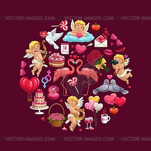 Circle of Valentines Day gifts, love heart, Cupids - vector image