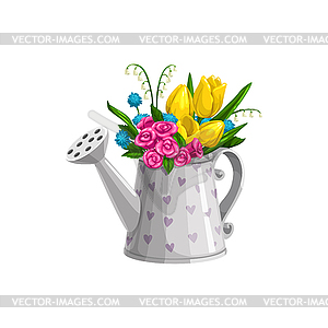 Букет весенних цветов в лейке - векторное изображение клипарта