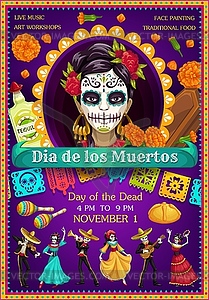 Day of Dead Catrina, dancing skeletons, marigolds - vector image