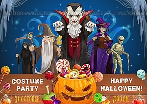 Halloween Dracula, death, witch, mummy and wizard - vector image