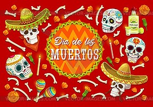 Dia de los Muertos sugar skulls, marigold flowers - vector clip art