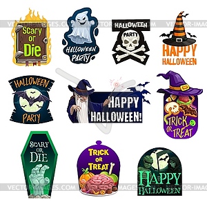 Halloween ghost, bat, witch hat with candy icons - vector clipart