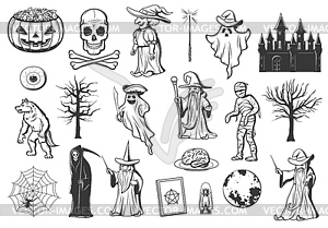 Halloween monster icons of ghost, witch, pumpkin - vector clip art