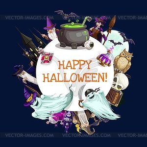 Halloween witch and wizards with ghosts, bats, owl - royalty-free vector clipart