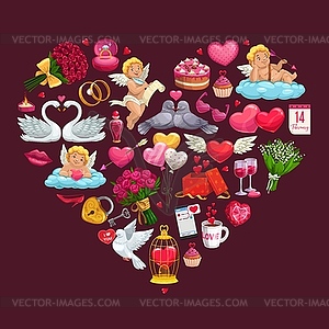 Valentines Day heart, Cupids, wedding rings, gifts - vector image