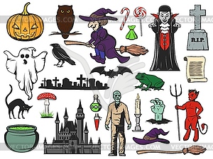 Halloween icons of ghost, witch, zombie, vampire - vector clip art