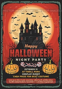 Halloween haunted house, pumpkins and bats - vector clipart