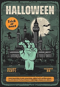 Halloween haunted house with zombie, moon and bats - vector clipart