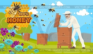 Beekeeping and beekeeper, honey production farm - vector image