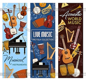 Live and folk music instruments, acoustic sound - vector clip art