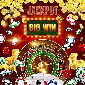 Casino poker, wheel of fortune jackpot big win - vector clipart