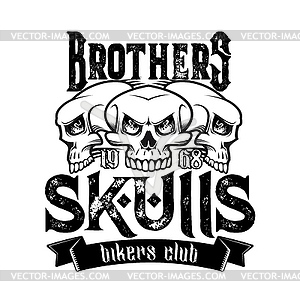 Biker club badge, skeleton skull and ribbon - vector image