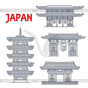 Japanese buddhist temple, pagoda and gate icons - royalty-free vector image