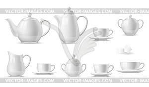 Coffee cups, tea mug, teapots, sugar bowl, creamer - vector clipart