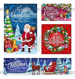 Новогодние санные оленьи санты, зимние праздничные подарки - векторное изображение EPS