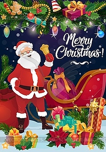 Santa with Christmas sleigh, Xmas bell and gifts - stock vector clipart