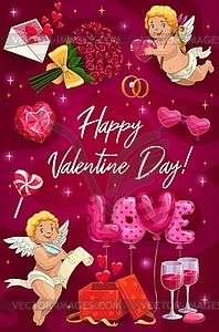 День Святого Валентина Купидоны любят символы и подарки - изображение в векторном формате