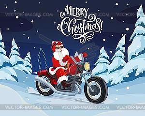 Санта катается на мотоцикле для доставки рождественских подарков - векторный клипарт / векторное изображение
