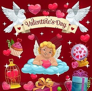 Valentine day, cupid angel and love heart on cloud - vector image
