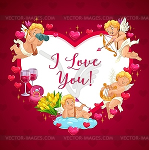 Happy Valentine day cupid angels heart frame - vector clip art