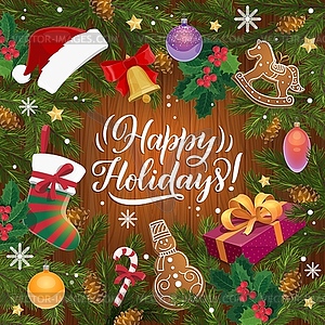 Santa gift stocking, red hat and Xmas tree frame - vector clip art