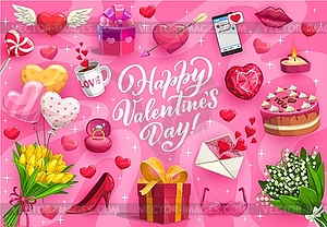 Valentines Day gifts, love hearts and flowers - color vector clipart