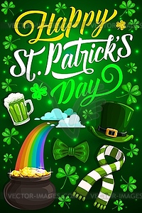 Patrick Day green shamrock, leprechaun hat, gold - vector clipart