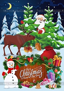 Santa, snowman and deer with Christmas tree, gifts - vector image