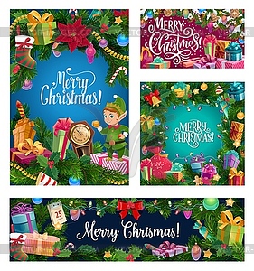 Christmas tree wreath decorations and Santa gifts - vector clipart