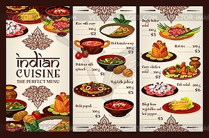 Indian cuisine menu, Asian restaurant food price - vector clipart